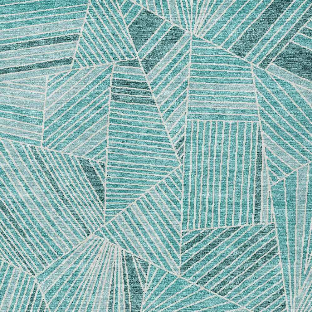 5' X 8' Teal Blue And Ivory Geometric Washable Indoor Outdoor Area Rug