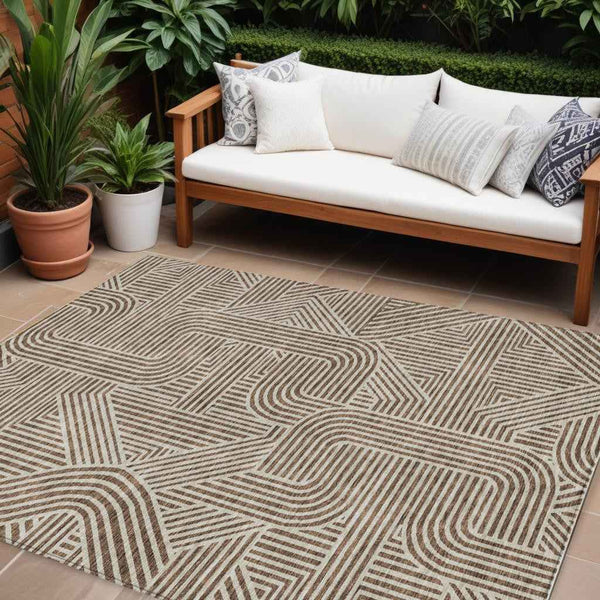 10' X 14' Brown And Beige Abstract Washable Indoor Outdoor Area Rug