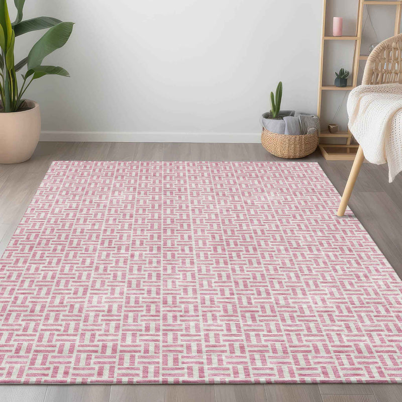 9' X 12' Pink And Silver Geometric Washable Indoor Outdoor Area Rug