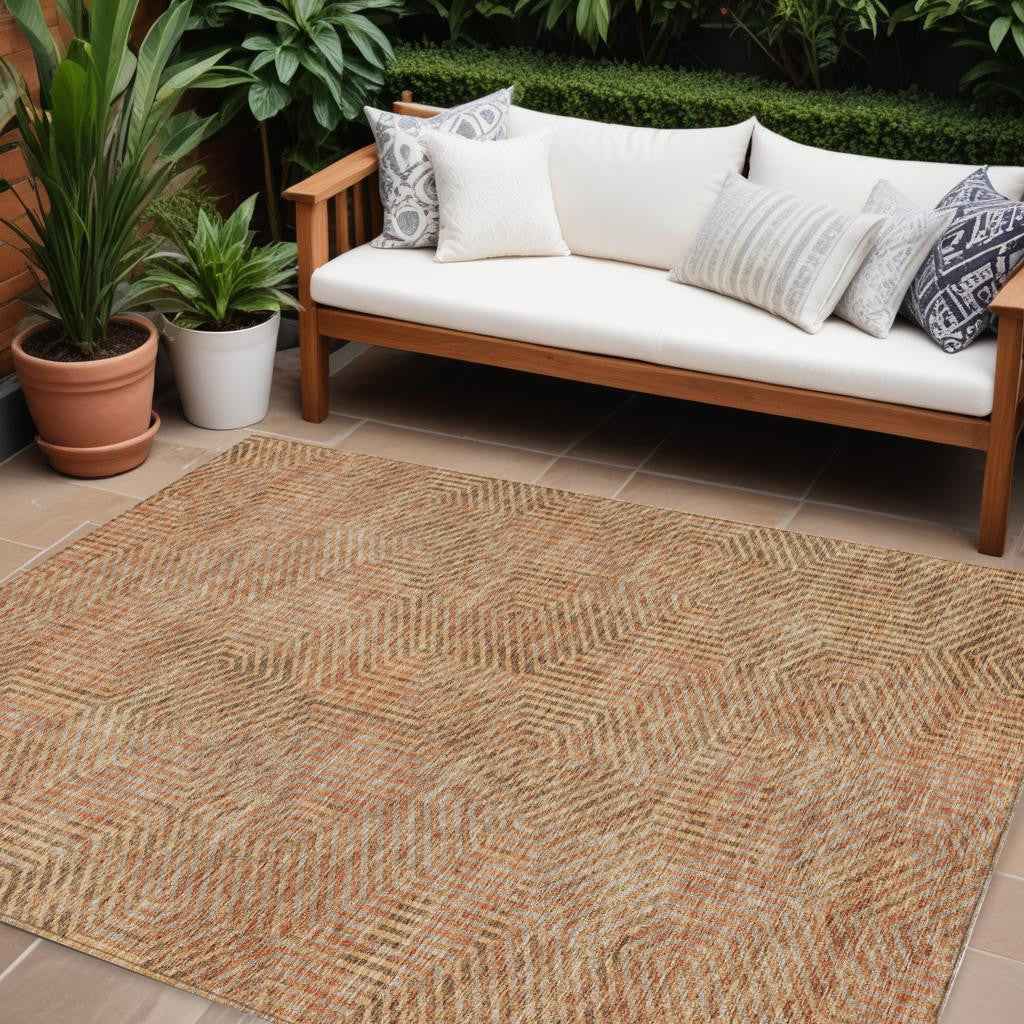 9' X 12' Copper Brown And Beige Geometric Washable Indoor Outdoor Area Rug