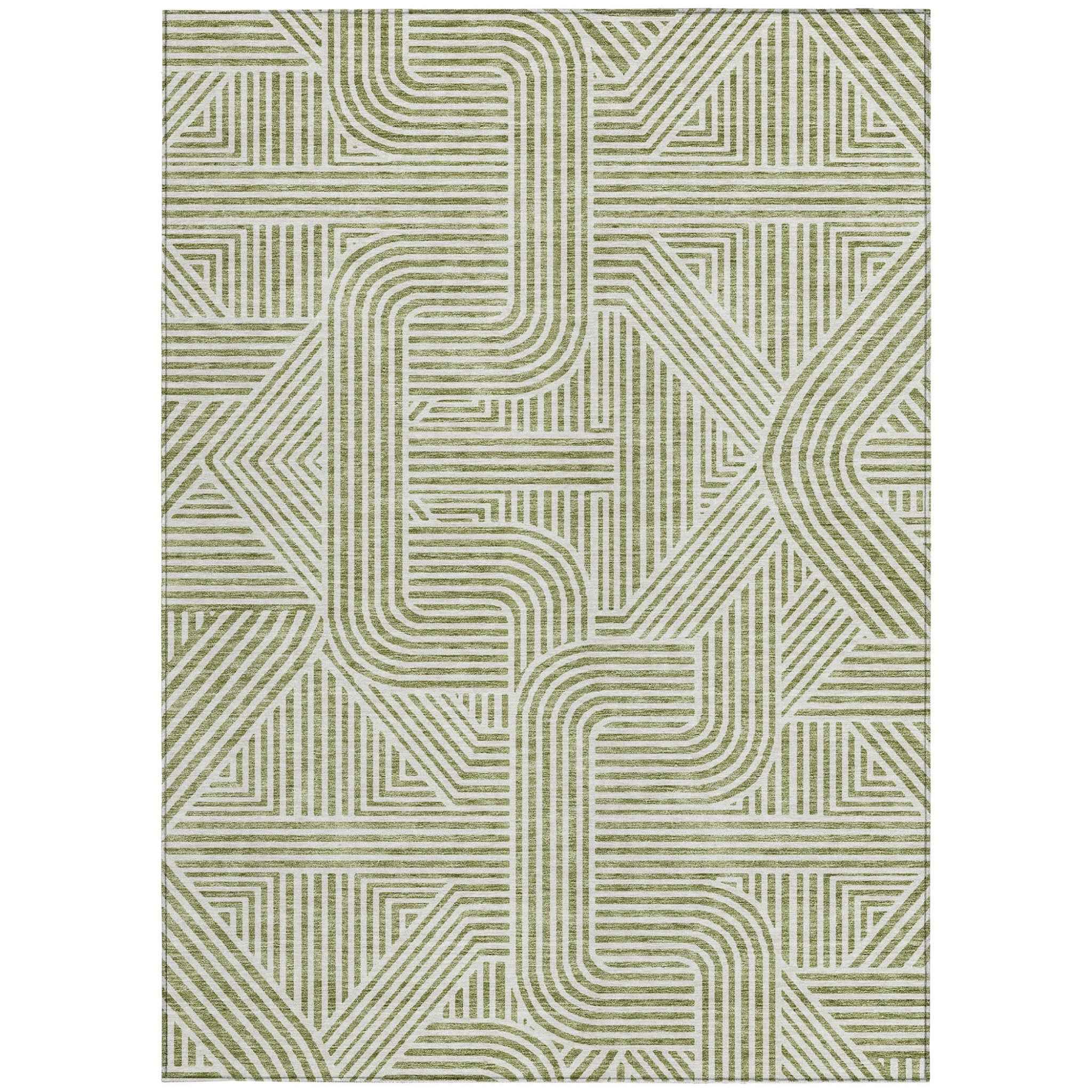 3' X 5' Artichoke Green And Ivory Abstract Washable Indoor Outdoor Area Rug