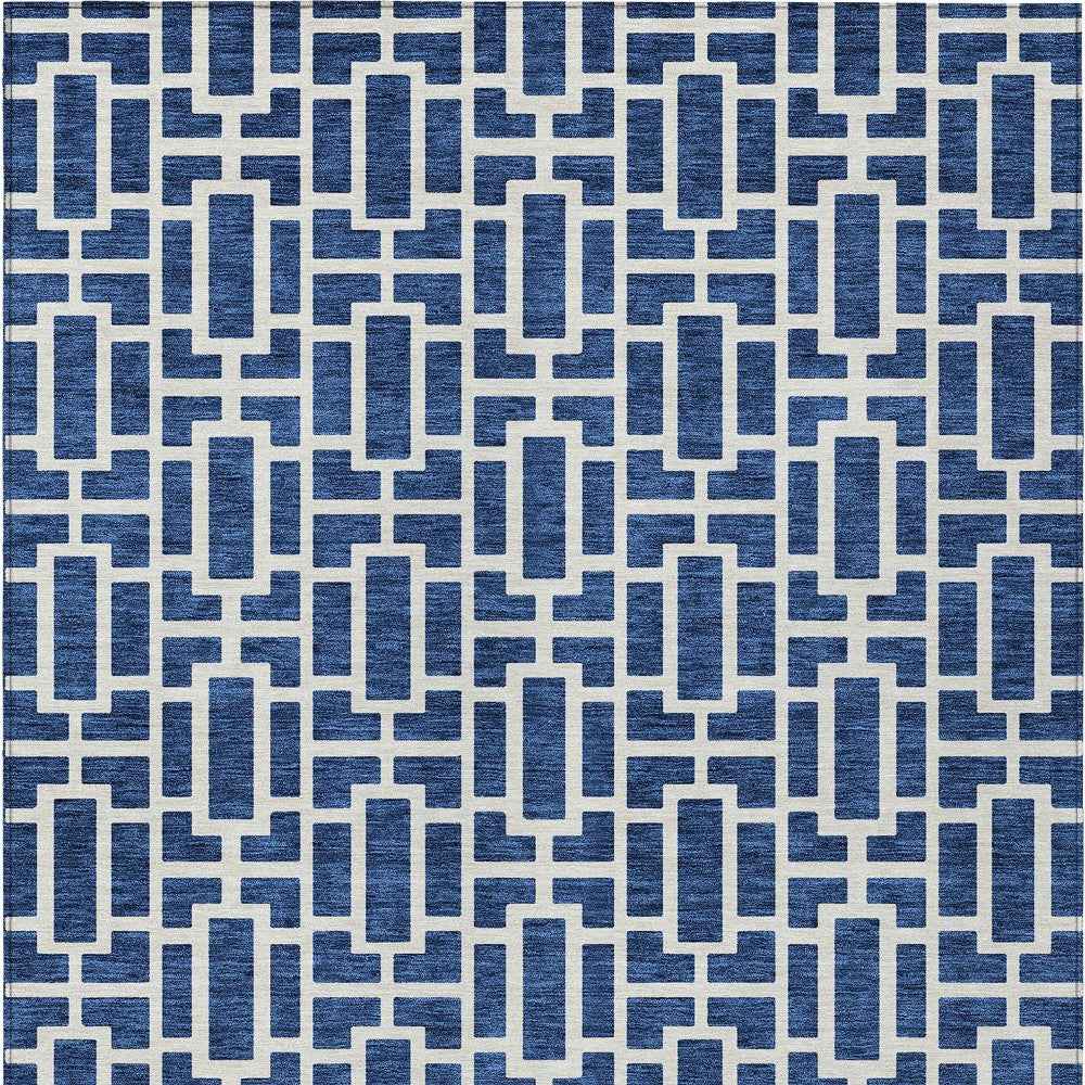 8' X 10' Navy Blue And Ivory Geometric Washable Indoor Outdoor Area Rug