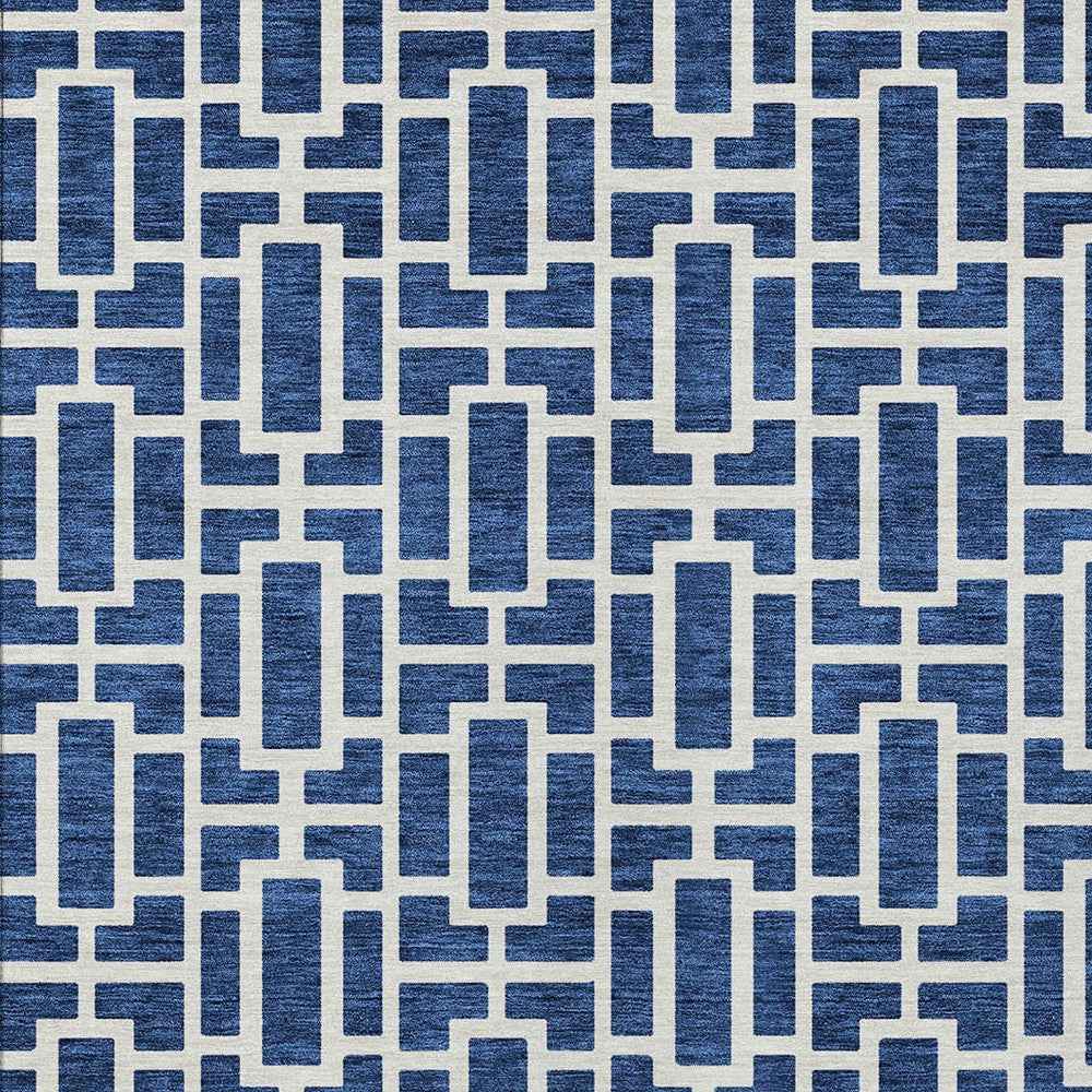 8' X 10' Navy Blue And Ivory Geometric Washable Indoor Outdoor Area Rug