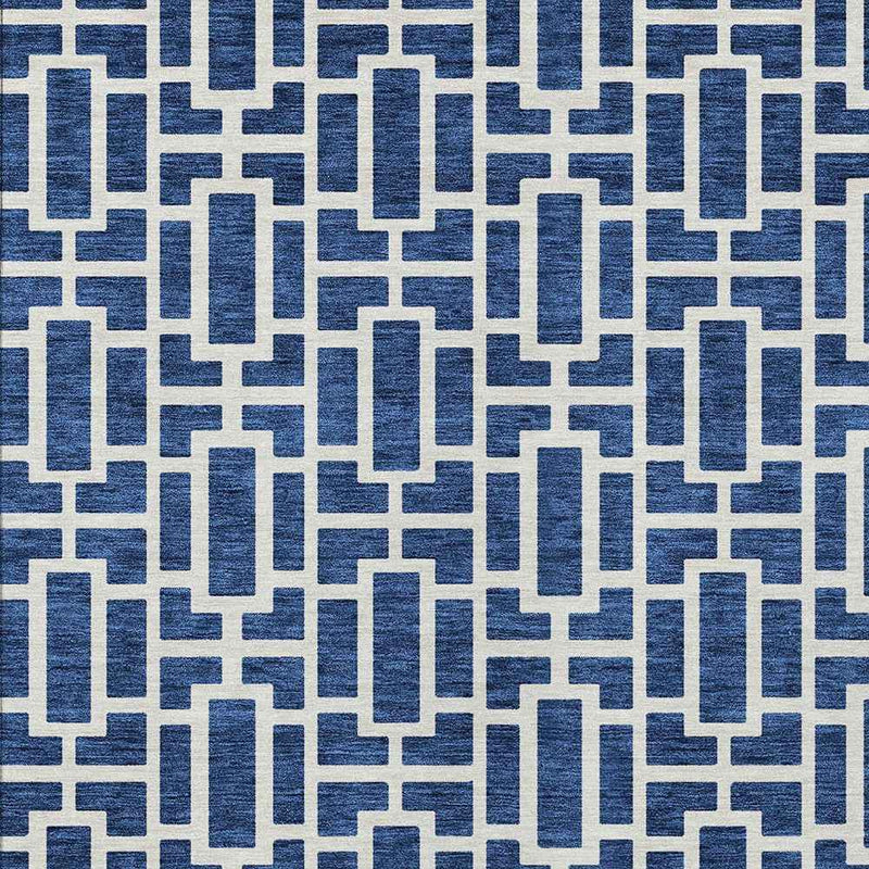 8' X 10' Navy Blue And Ivory Geometric Washable Indoor Outdoor Area Rug