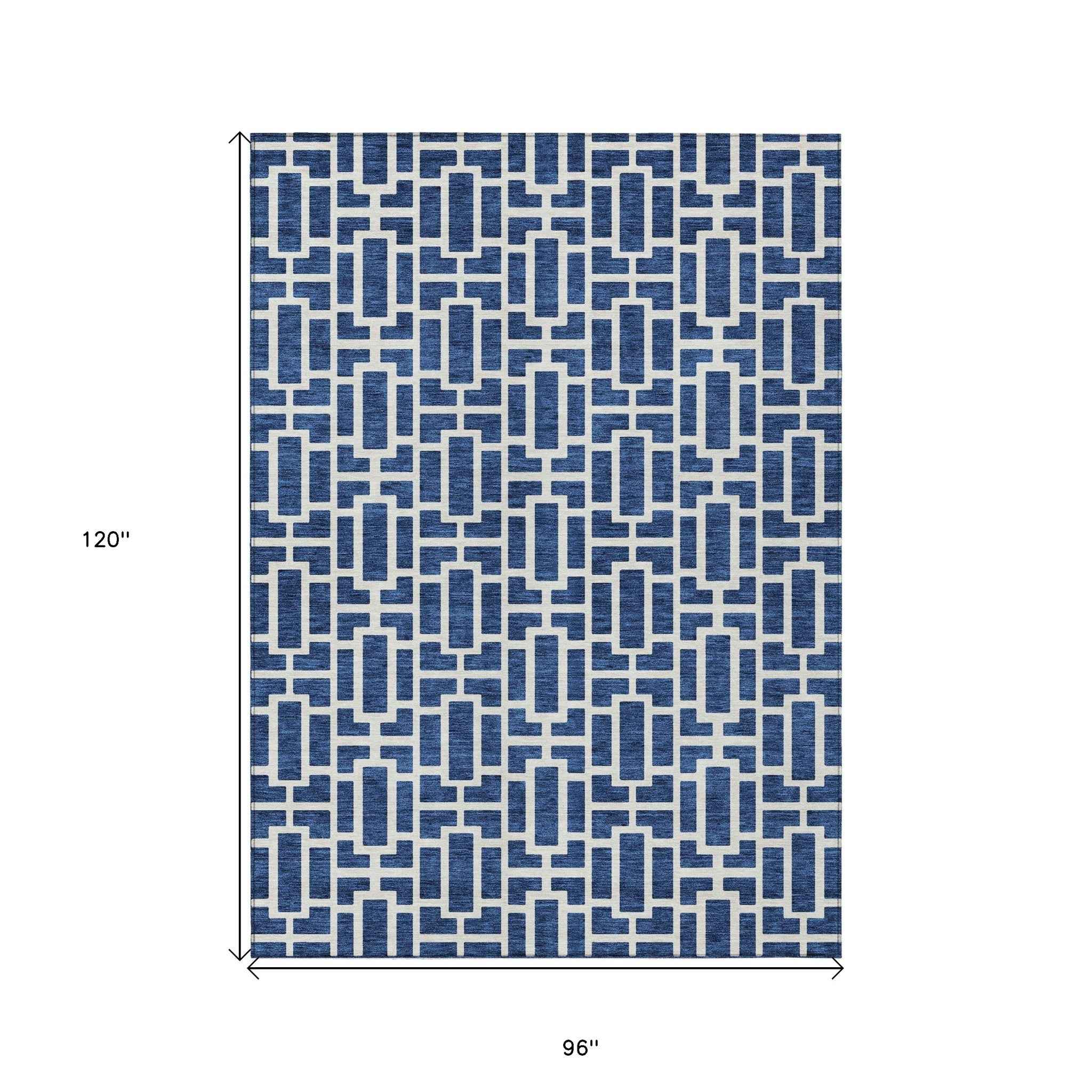 8' X 10' Navy Blue And Ivory Geometric Washable Indoor Outdoor Area Rug
