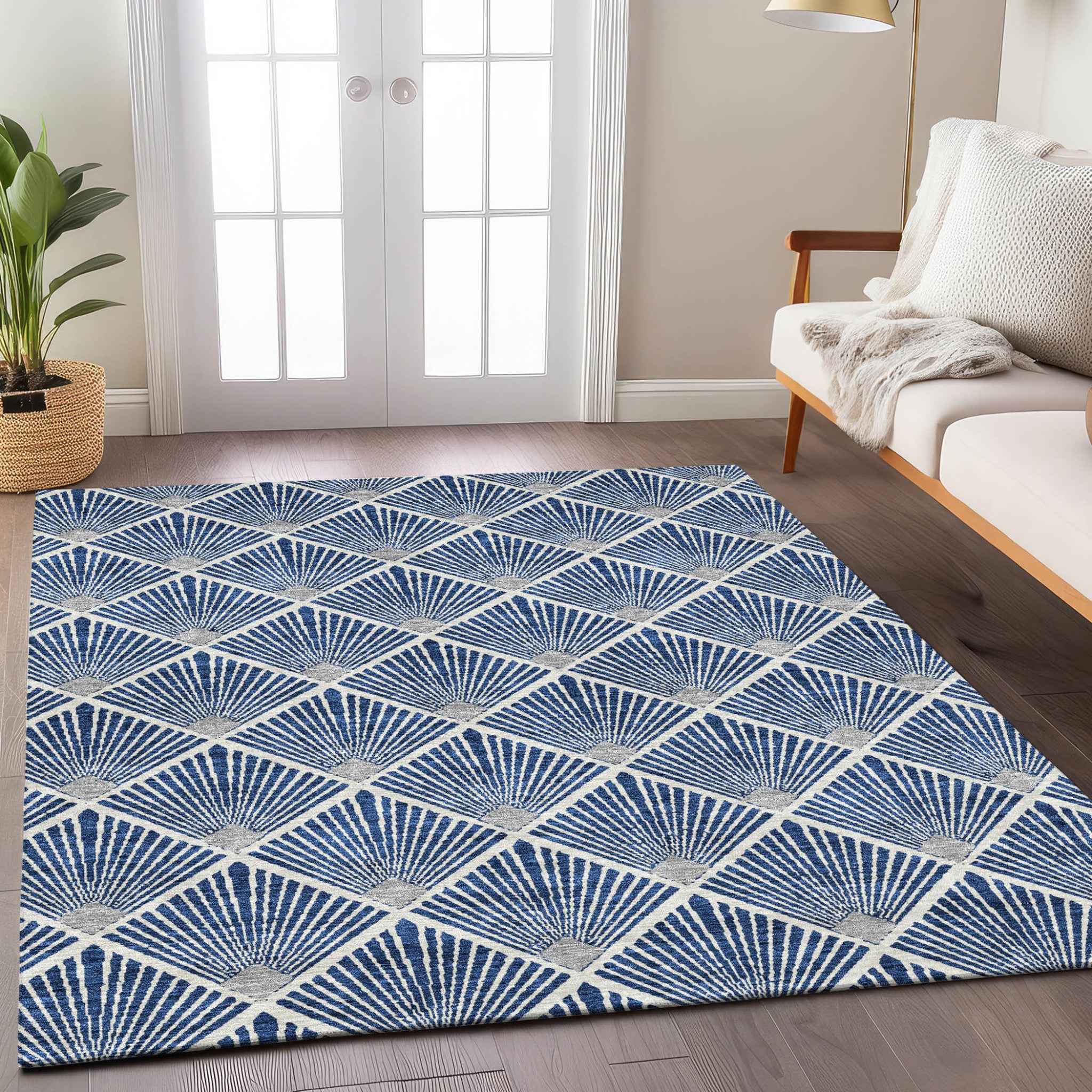 8' X 10' Navy Blue Gray And Ivory Geometric Washable Indoor Outdoor Area Rug