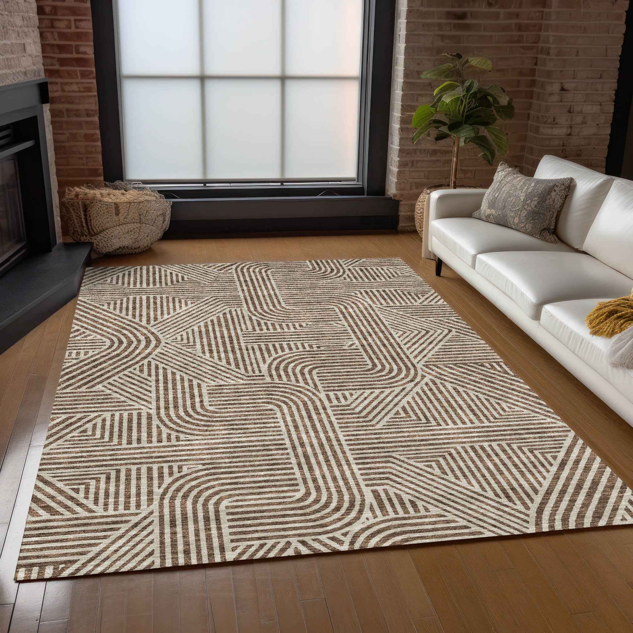 9' X 12' Brown And Beige Abstract Washable Indoor Outdoor Area Rug