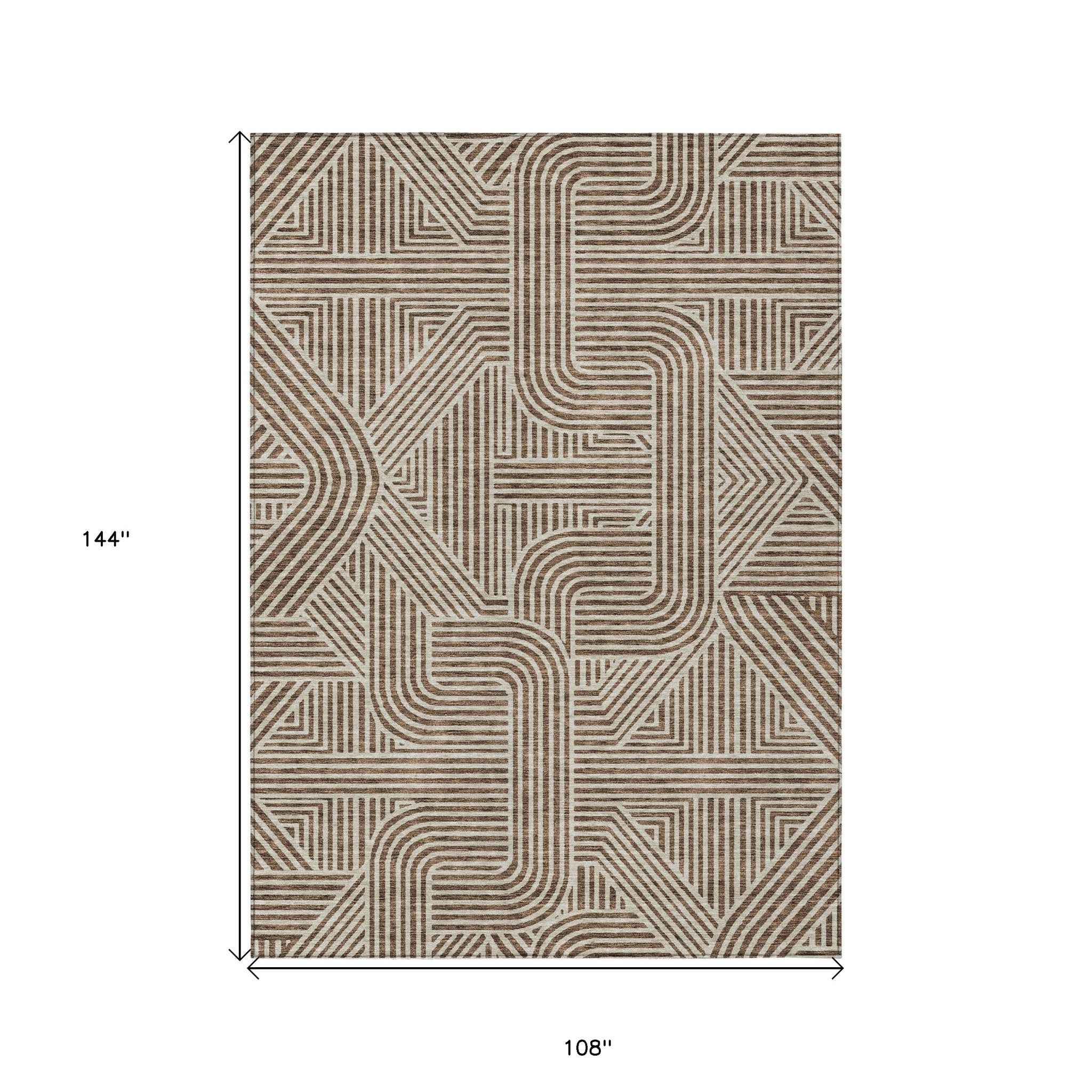 9' X 12' Brown And Beige Abstract Washable Indoor Outdoor Area Rug