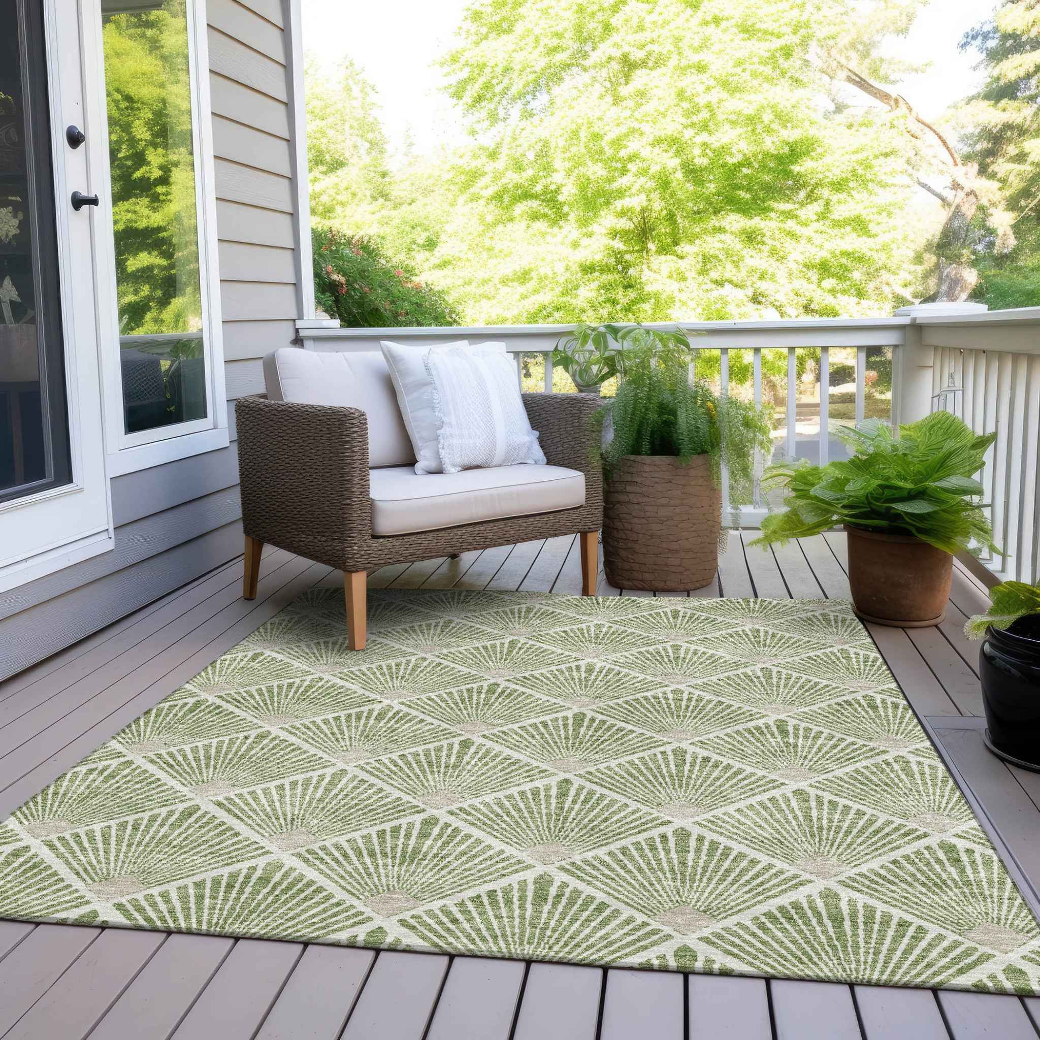 9' X 12' Green Beige And Ivory Geometric Washable Indoor Outdoor Area Rug