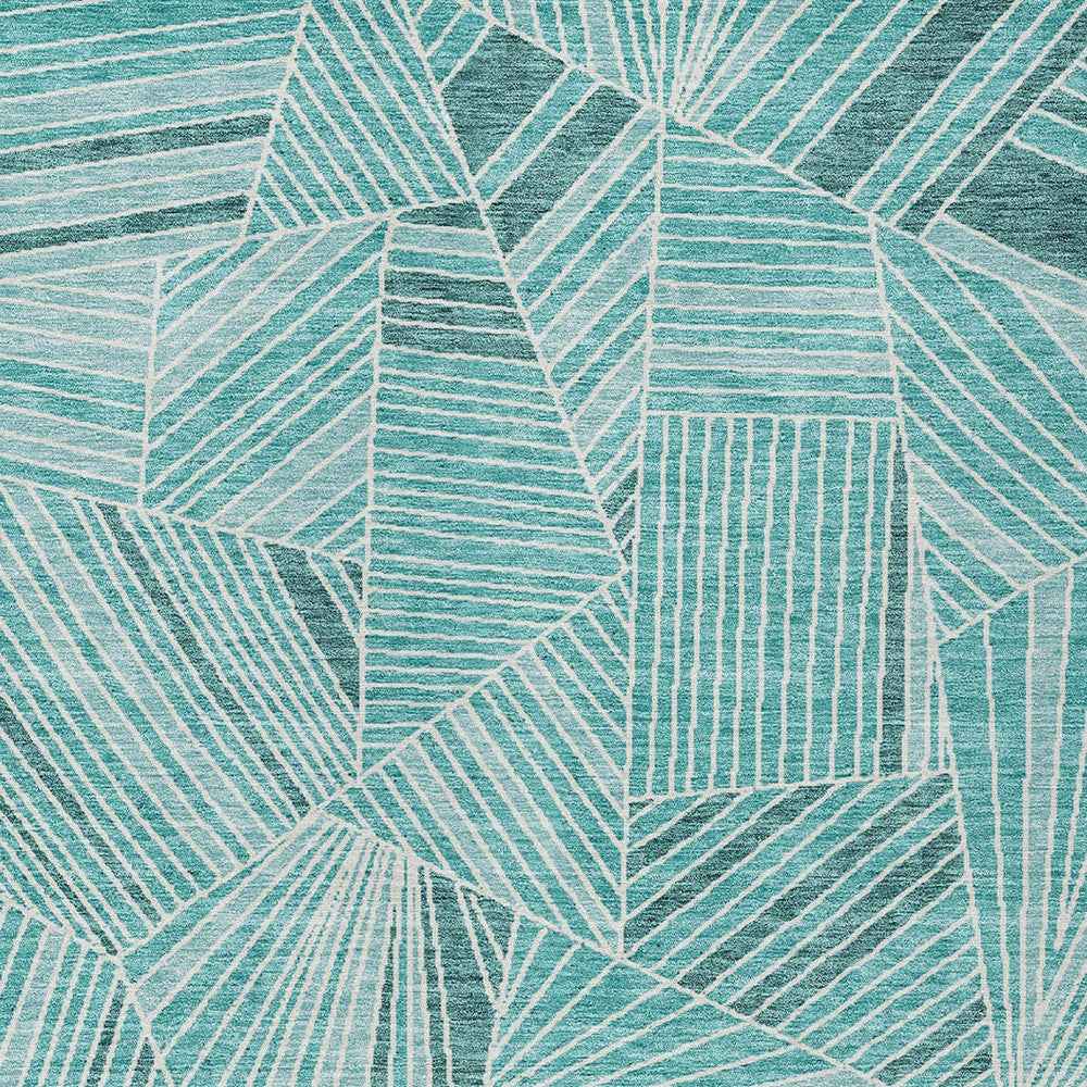 9' X 12' Teal Blue And Ivory Geometric Washable Indoor Outdoor Area Rug