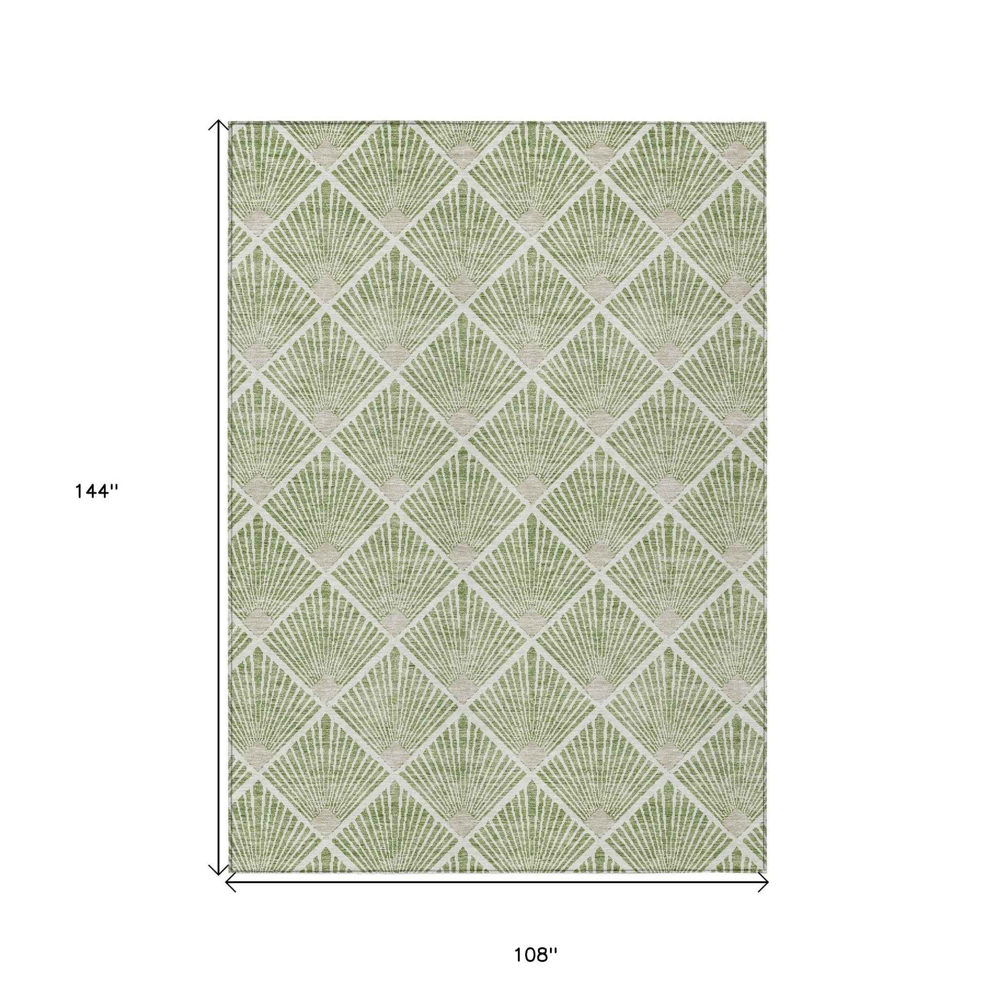9' X 12' Green Beige And Ivory Geometric Washable Indoor Outdoor Area Rug