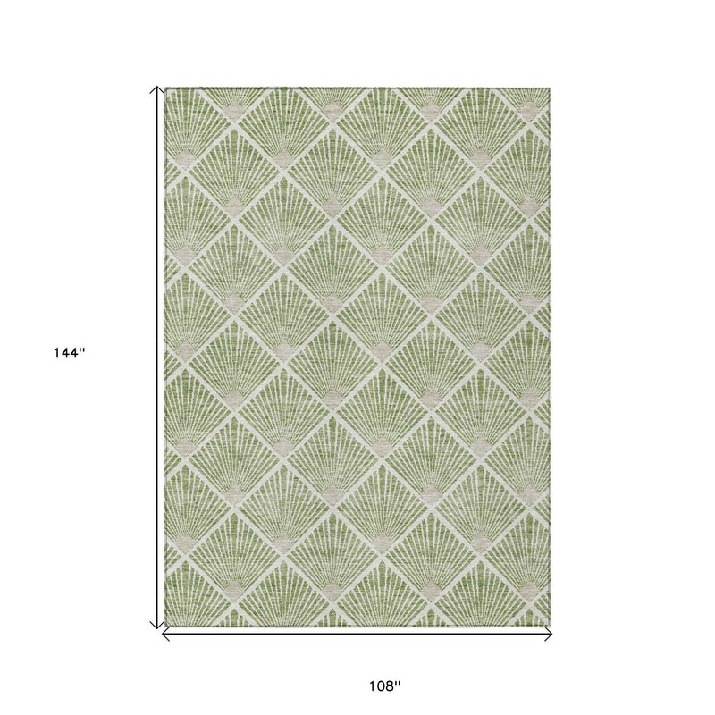 9' X 12' Green Beige And Ivory Geometric Washable Indoor Outdoor Area Rug