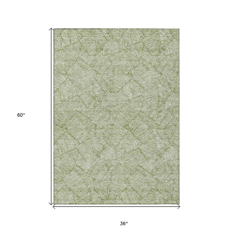 3' X 5' Green And Ivory Floral Washable Indoor Outdoor Area Rug