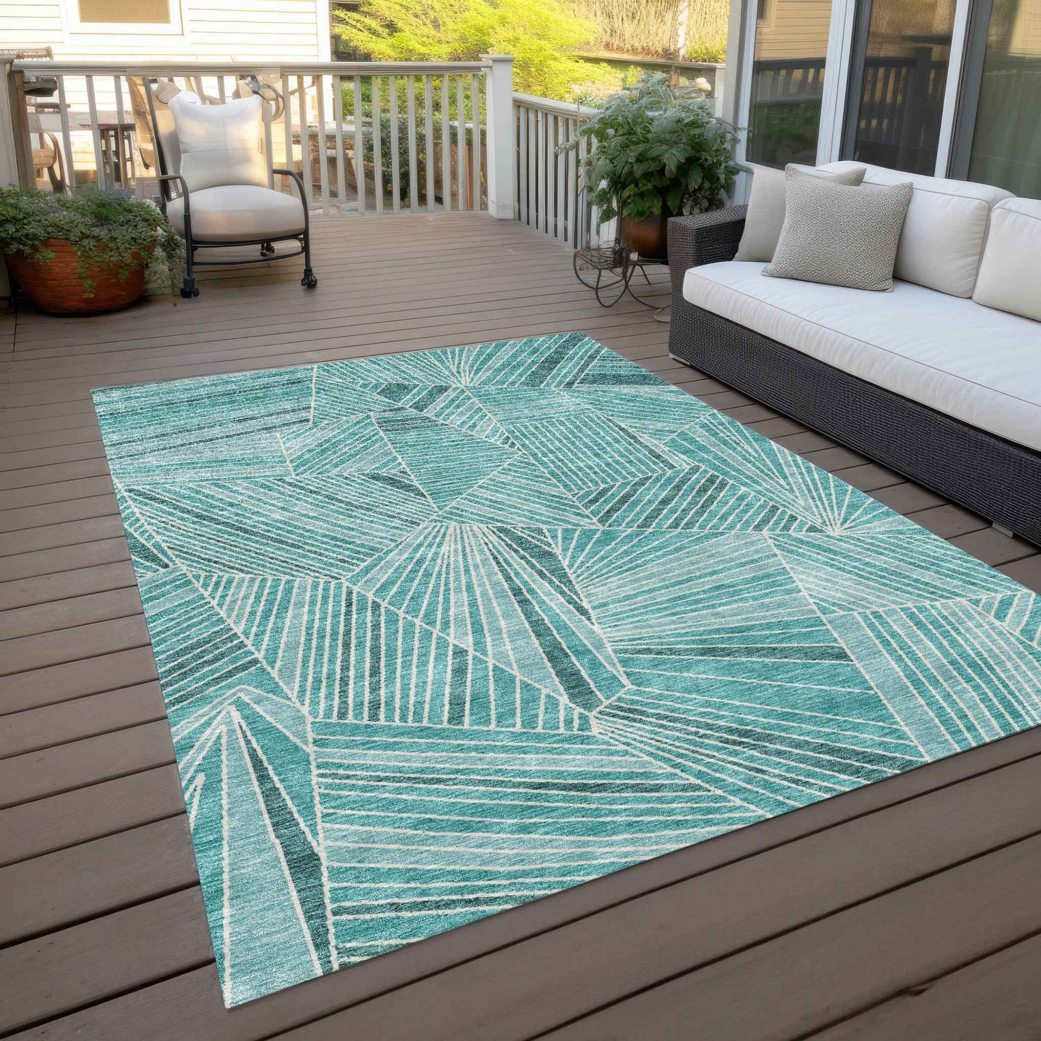 9' X 12' Teal Blue And Ivory Geometric Washable Indoor Outdoor Area Rug