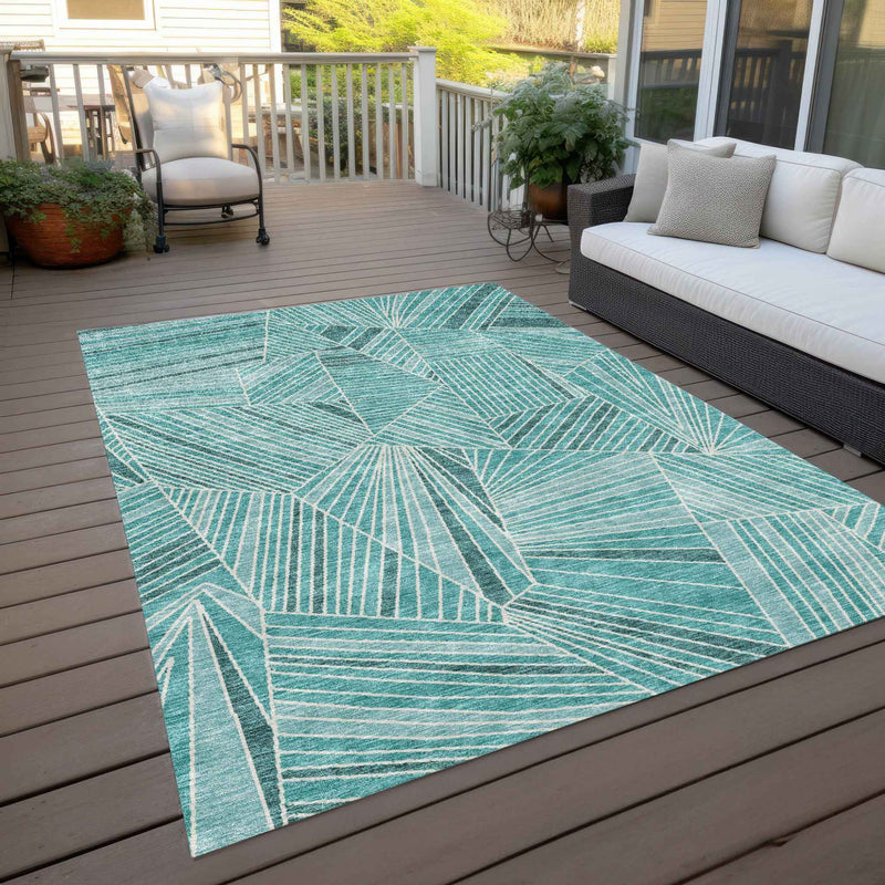 9' X 12' Teal Blue And Ivory Geometric Washable Indoor Outdoor Area Rug