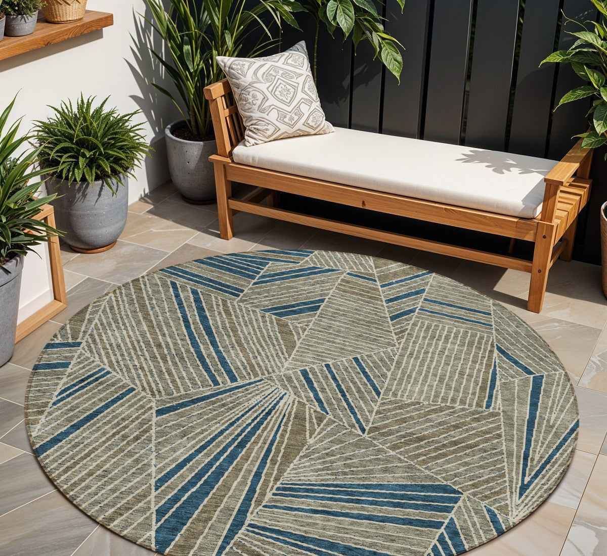 8' Taupe Blue And Beige Round Geometric Washable Indoor Outdoor Area Rug