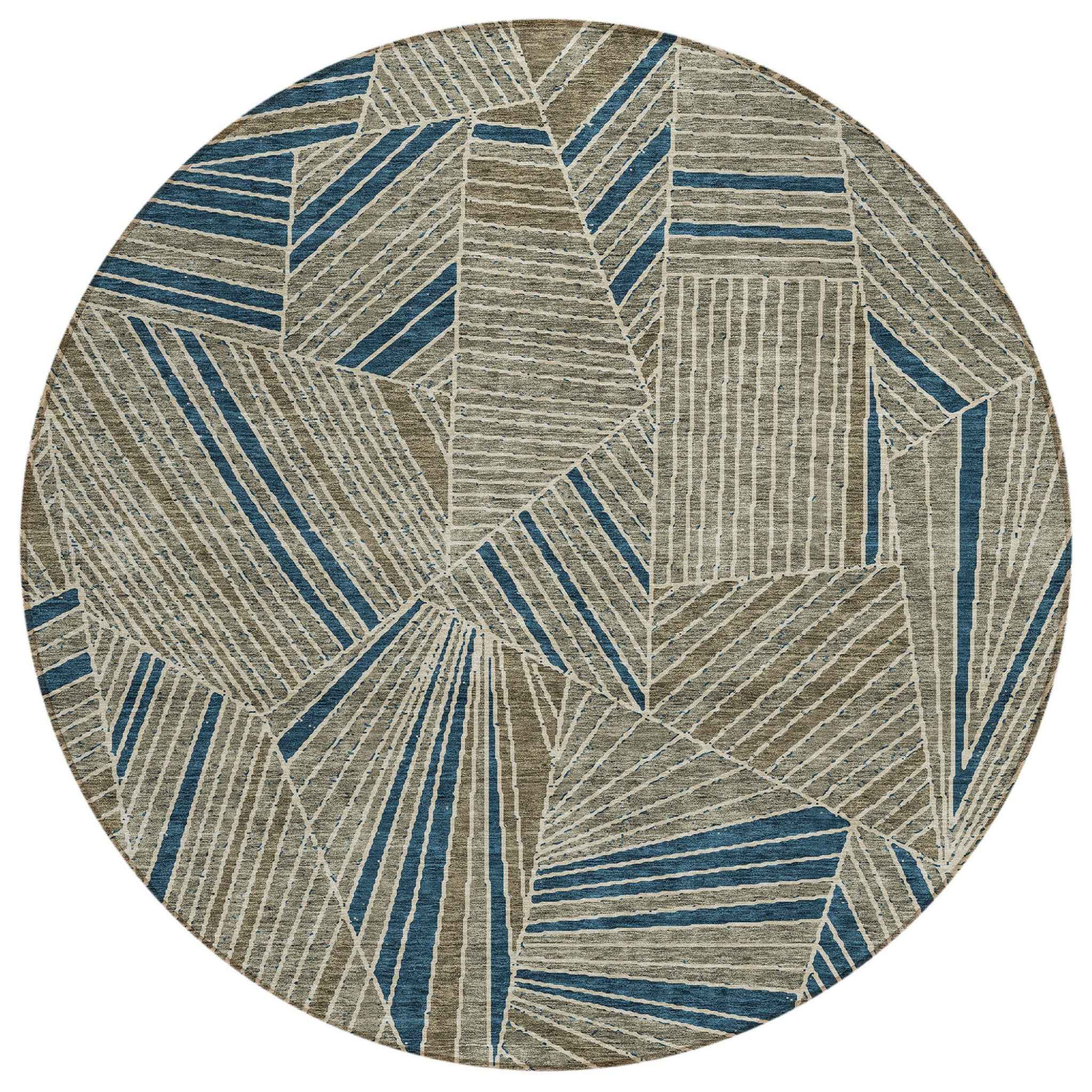 8' Taupe Blue And Beige Round Geometric Washable Indoor Outdoor Area Rug