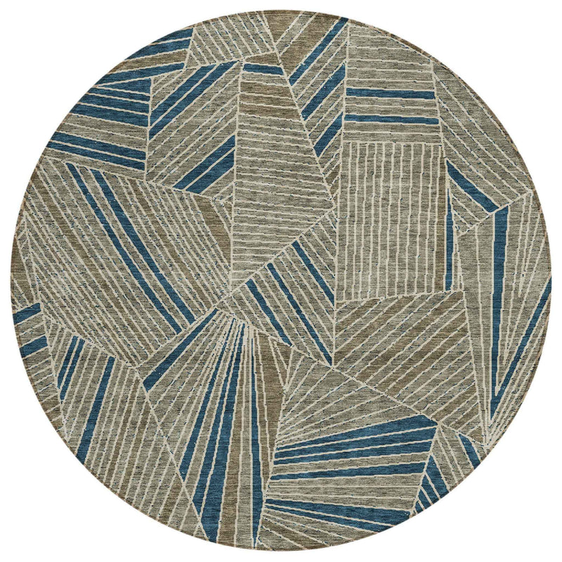 8' Taupe Blue And Beige Round Geometric Washable Indoor Outdoor Area Rug