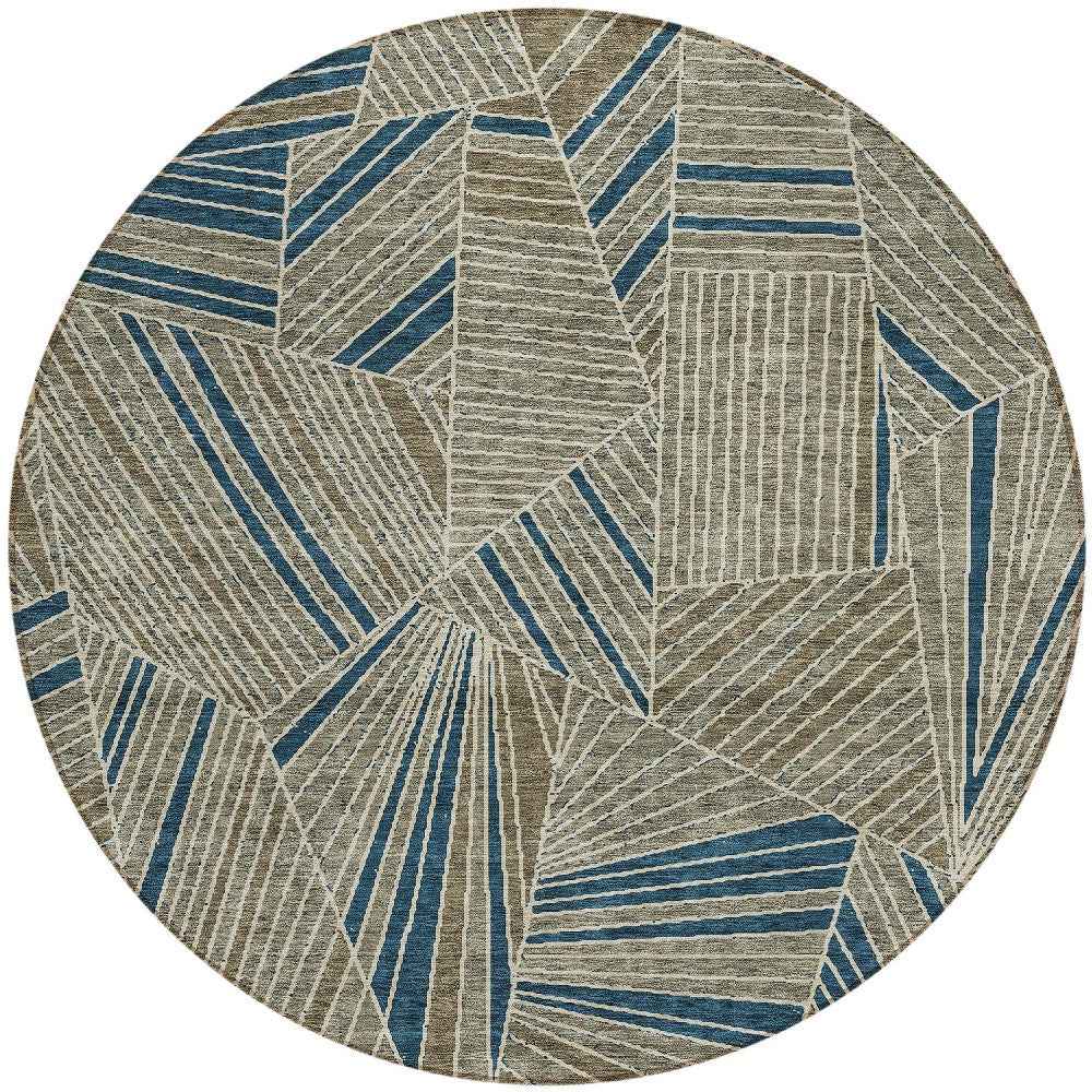 8' Taupe Blue And Beige Round Geometric Washable Indoor Outdoor Area Rug