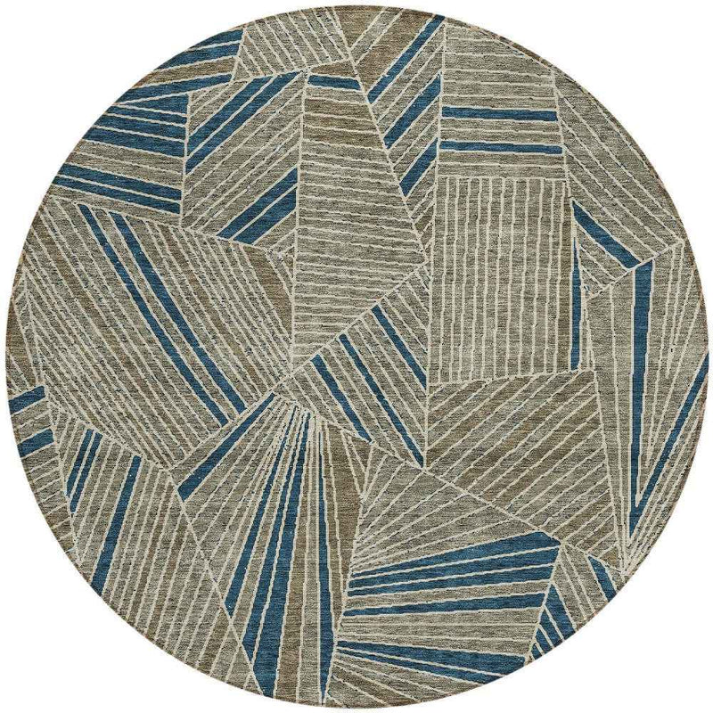 8' Taupe Blue And Beige Round Geometric Washable Indoor Outdoor Area Rug