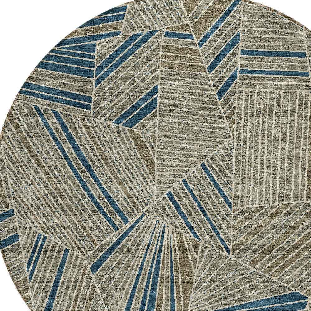 8' Taupe Blue And Beige Round Geometric Washable Indoor Outdoor Area Rug