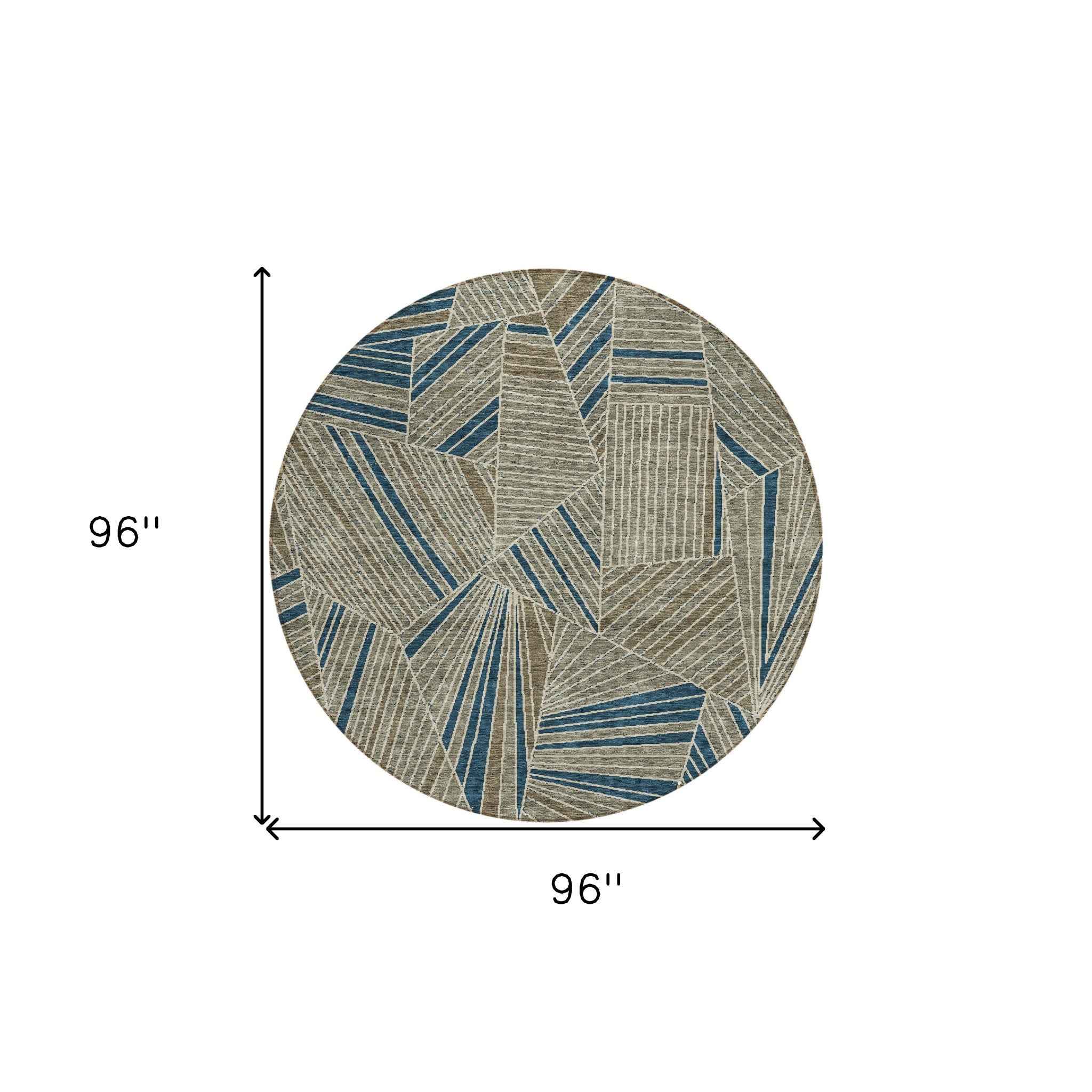 8' Taupe Blue And Beige Round Geometric Washable Indoor Outdoor Area Rug
