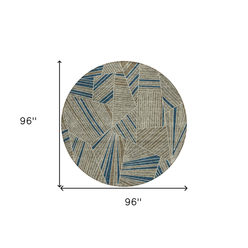 8' Taupe Blue And Beige Round Geometric Washable Indoor Outdoor Area Rug