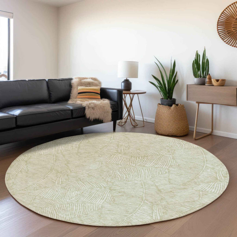 8' Artichoke Green And Ivory Round Floral Washable Indoor Outdoor Area Rug