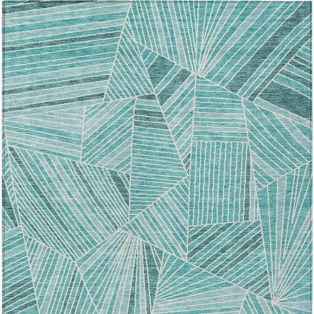 9' X 12' Teal Blue And Ivory Geometric Washable Indoor Outdoor Area Rug