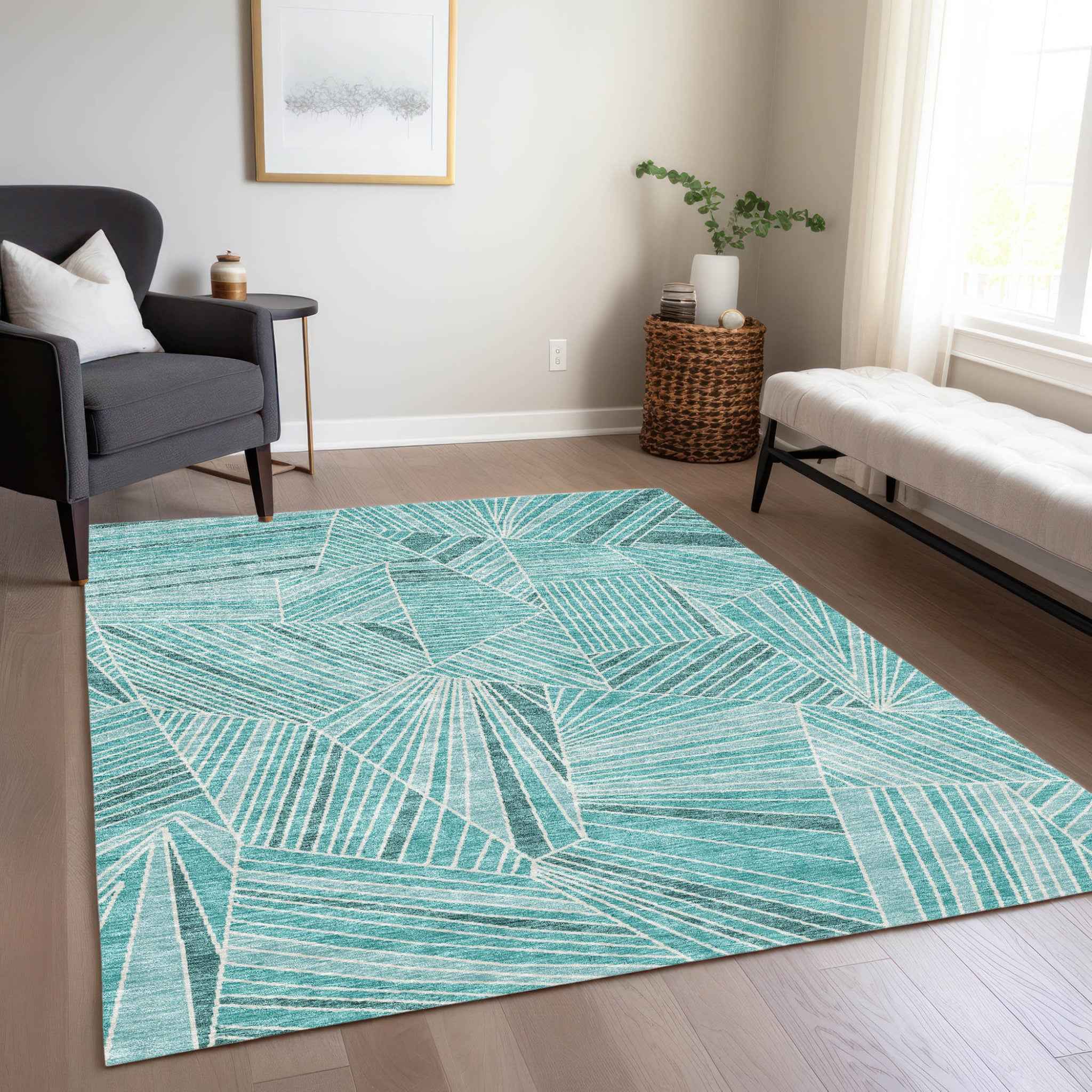 9' X 12' Teal Blue And Ivory Geometric Washable Indoor Outdoor Area Rug