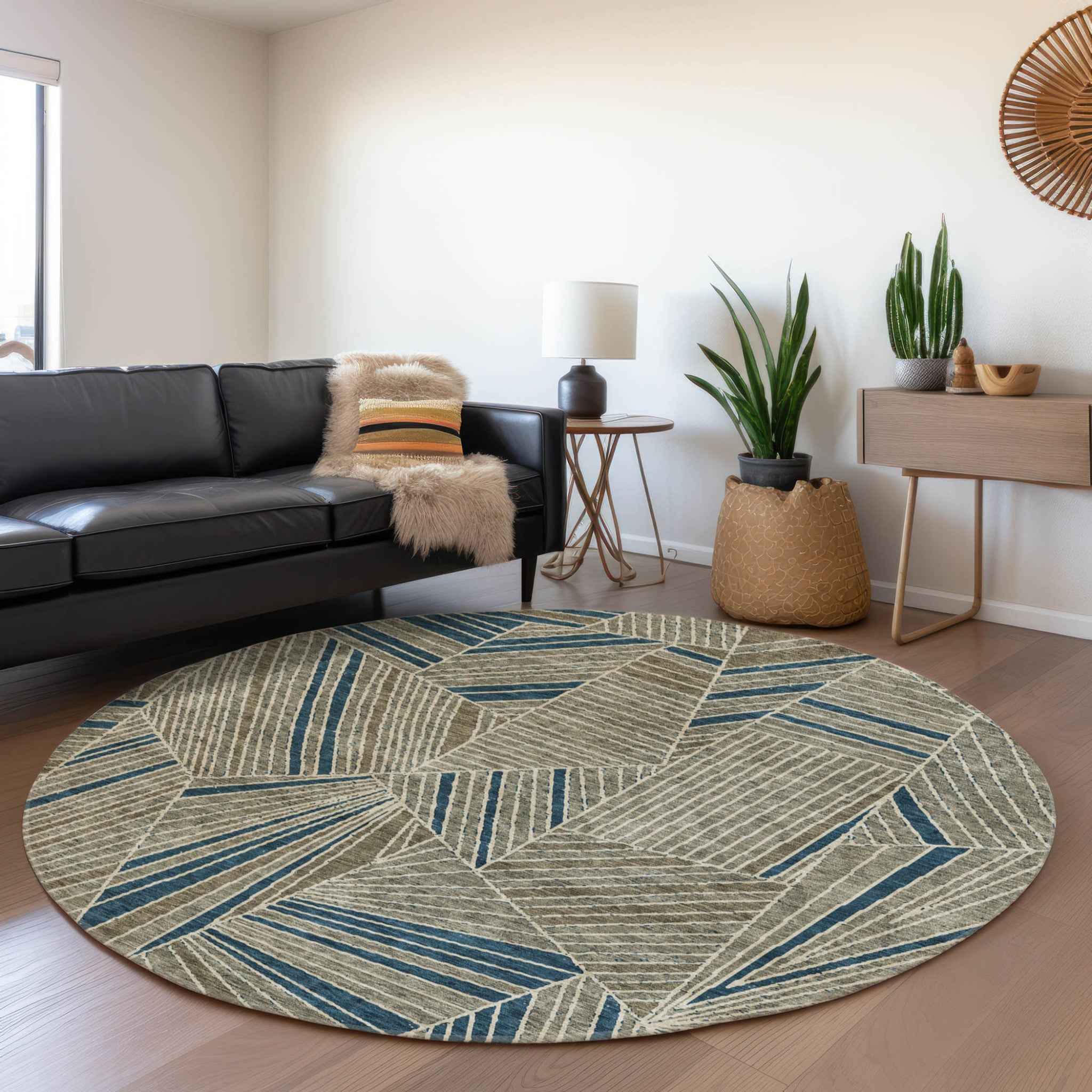 8' Taupe Blue And Beige Round Geometric Washable Indoor Outdoor Area Rug
