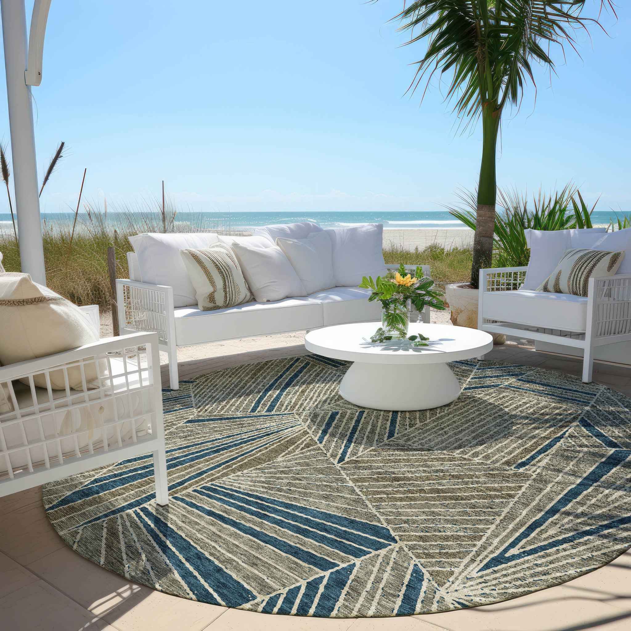 8' Taupe Blue And Beige Round Geometric Washable Indoor Outdoor Area Rug