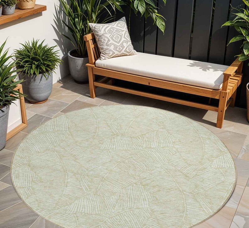 8' Artichoke Green And Ivory Round Floral Washable Indoor Outdoor Area Rug