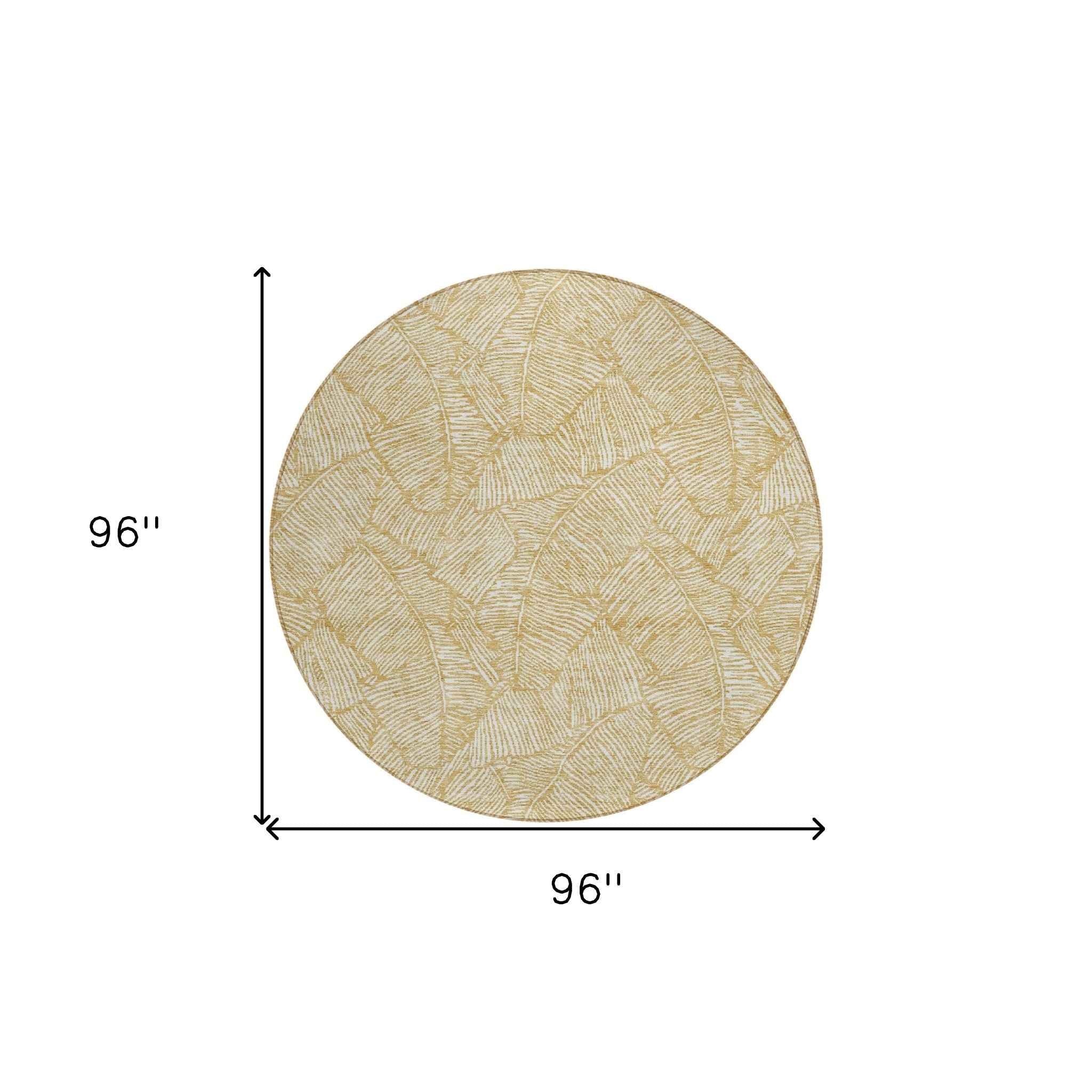 8' Gold And Beige Round Floral Washable Indoor Outdoor Area Rug