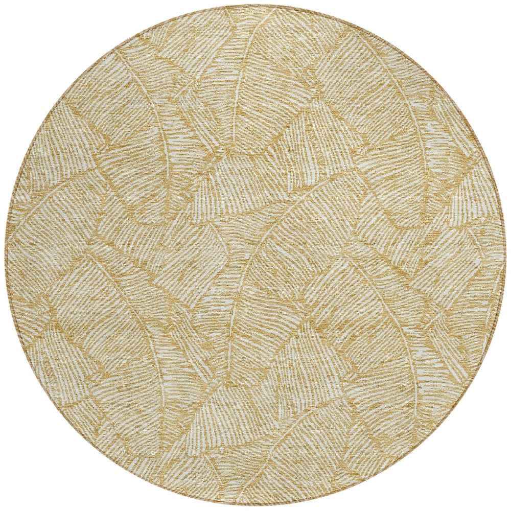 8' Gold And Beige Round Floral Washable Indoor Outdoor Area Rug