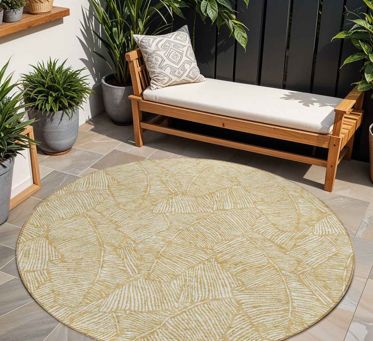 8' Gold And Beige Round Floral Washable Indoor Outdoor Area Rug