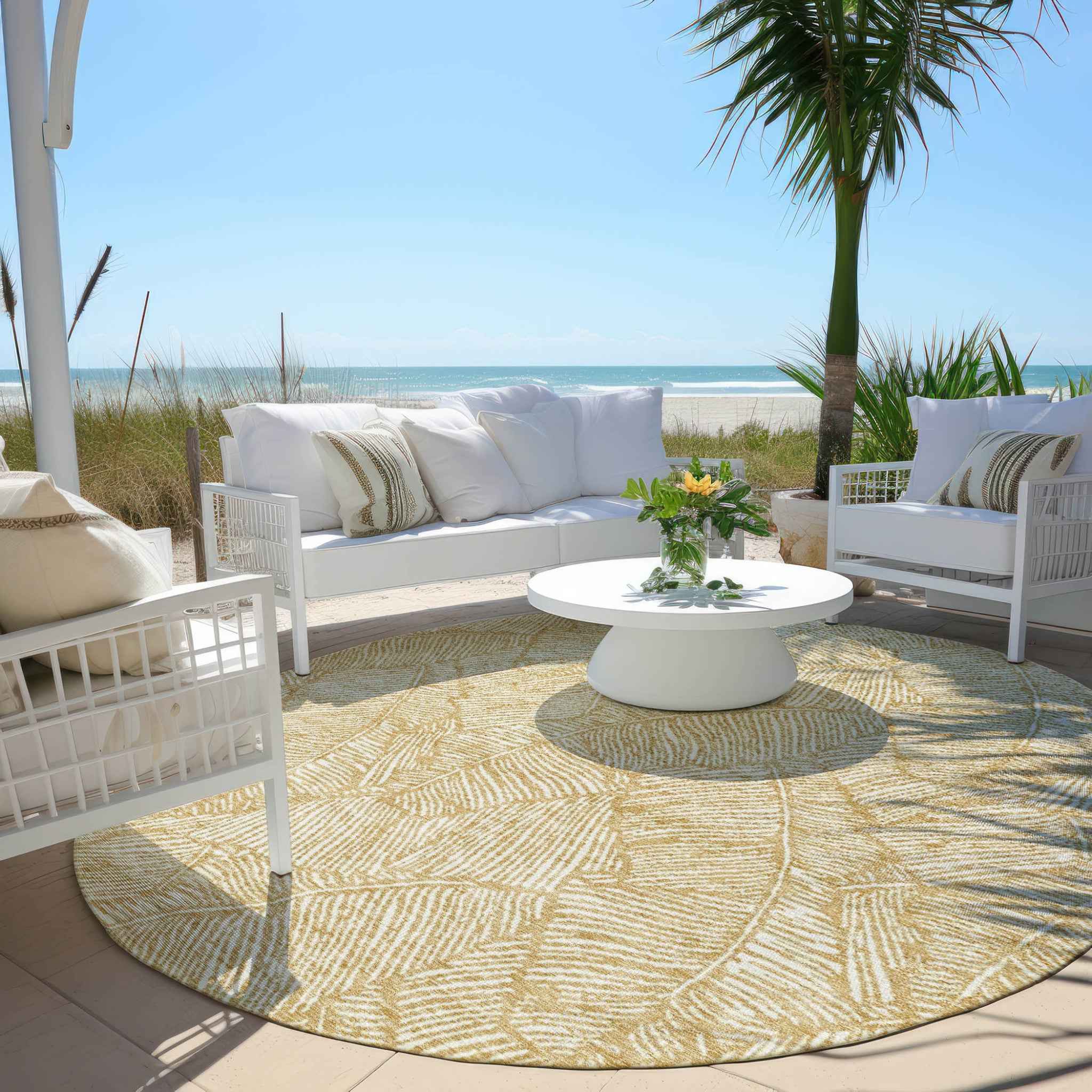 8' Gold And Beige Round Floral Washable Indoor Outdoor Area Rug