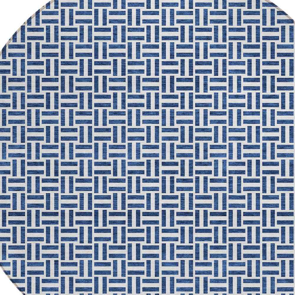 8' Navy Blue And Gray Round Geometric Washable Indoor Outdoor Area Rug