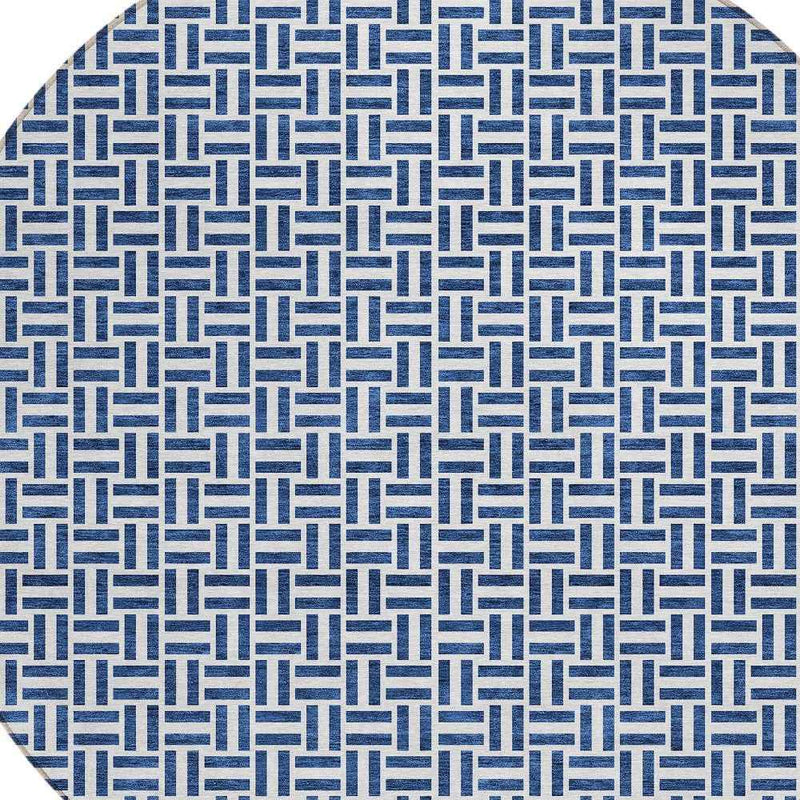 8' Navy Blue And Gray Round Geometric Washable Indoor Outdoor Area Rug