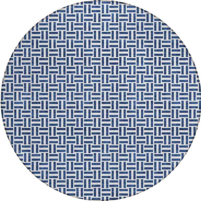 8' Navy Blue And Gray Round Geometric Washable Indoor Outdoor Area Rug