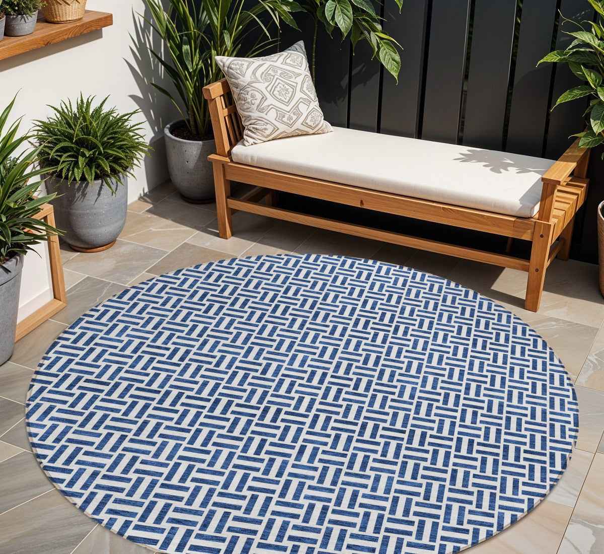 8' Navy Blue And Gray Round Geometric Washable Indoor Outdoor Area Rug