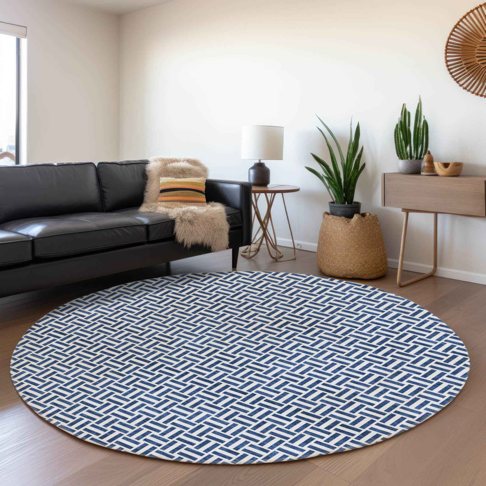 8' Navy Blue And Gray Round Geometric Washable Indoor Outdoor Area Rug