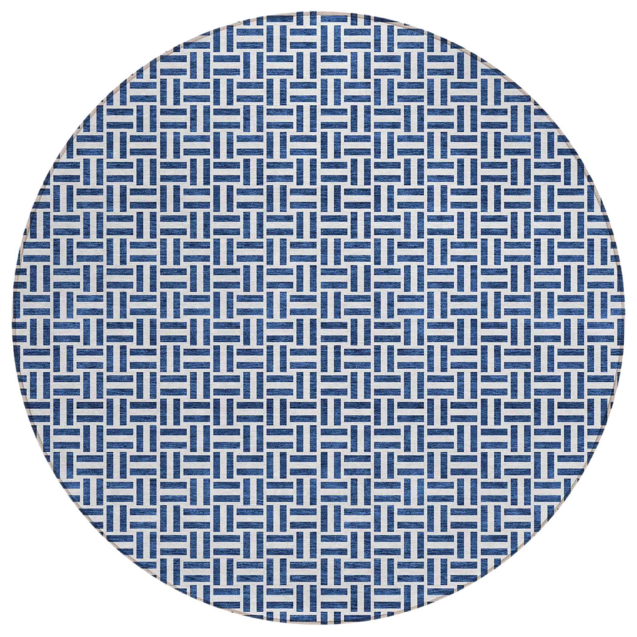 8' Navy Blue And Gray Round Geometric Washable Indoor Outdoor Area Rug