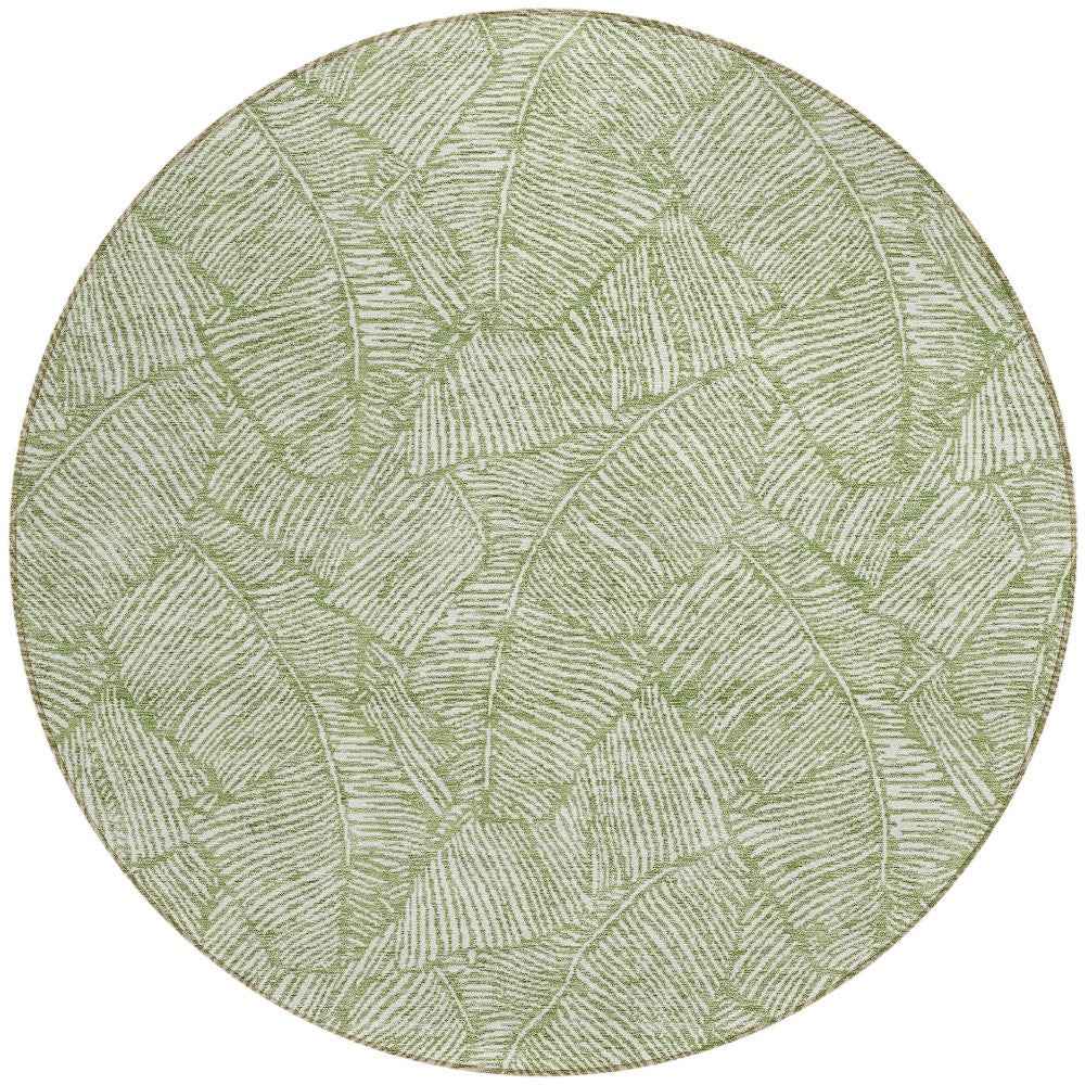 8' Green And Ivory Round Floral Washable Indoor Outdoor Area Rug