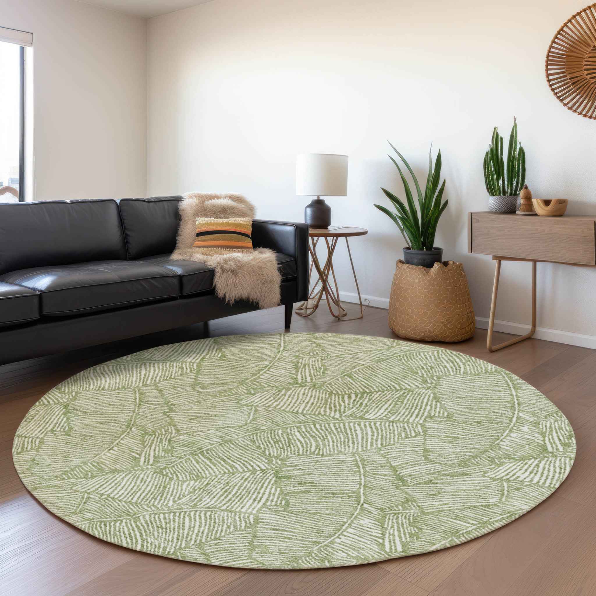8' Green And Ivory Round Floral Washable Indoor Outdoor Area Rug
