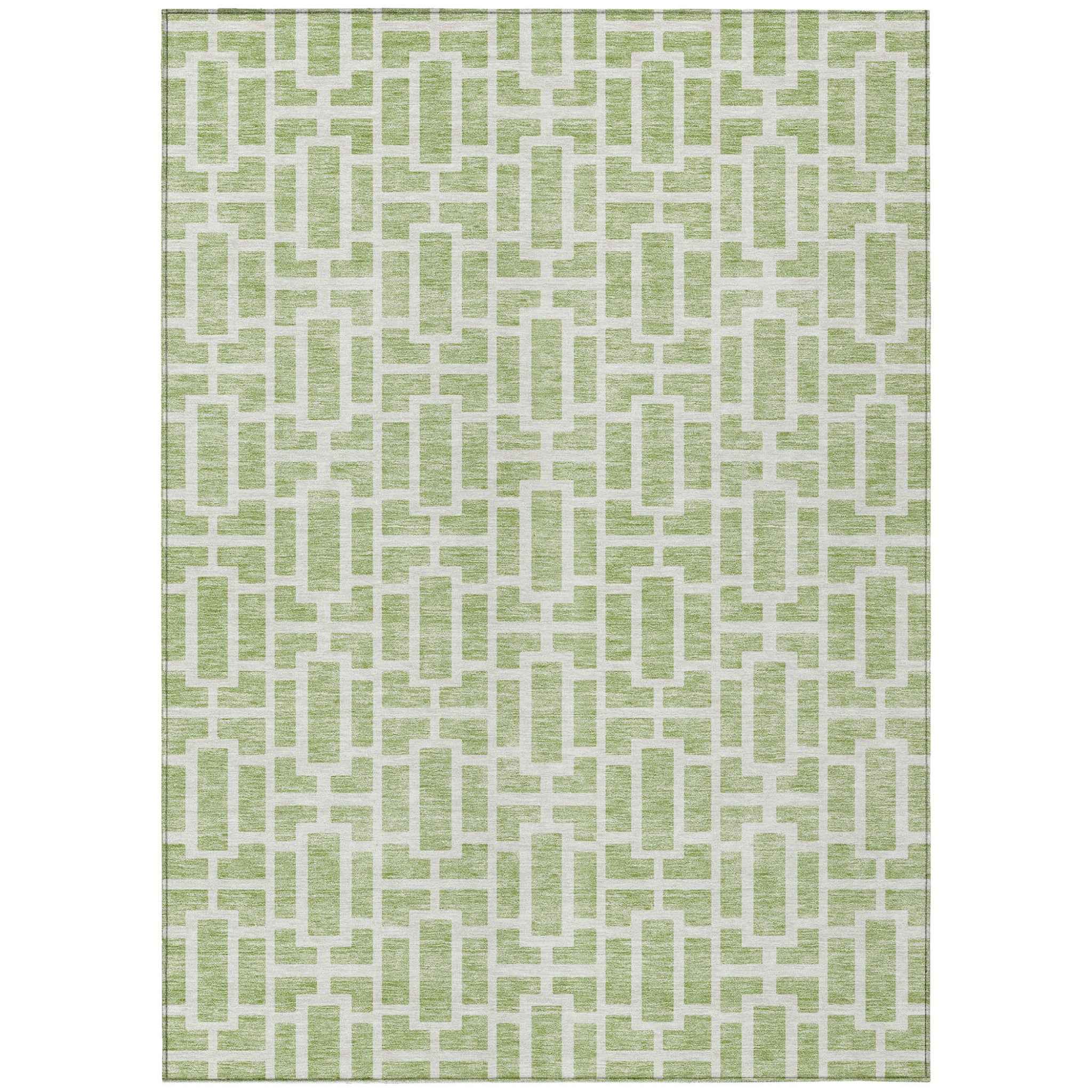 5' X 8' Artichoke Green And Ivory Geometric Washable Indoor Outdoor Area Rug
