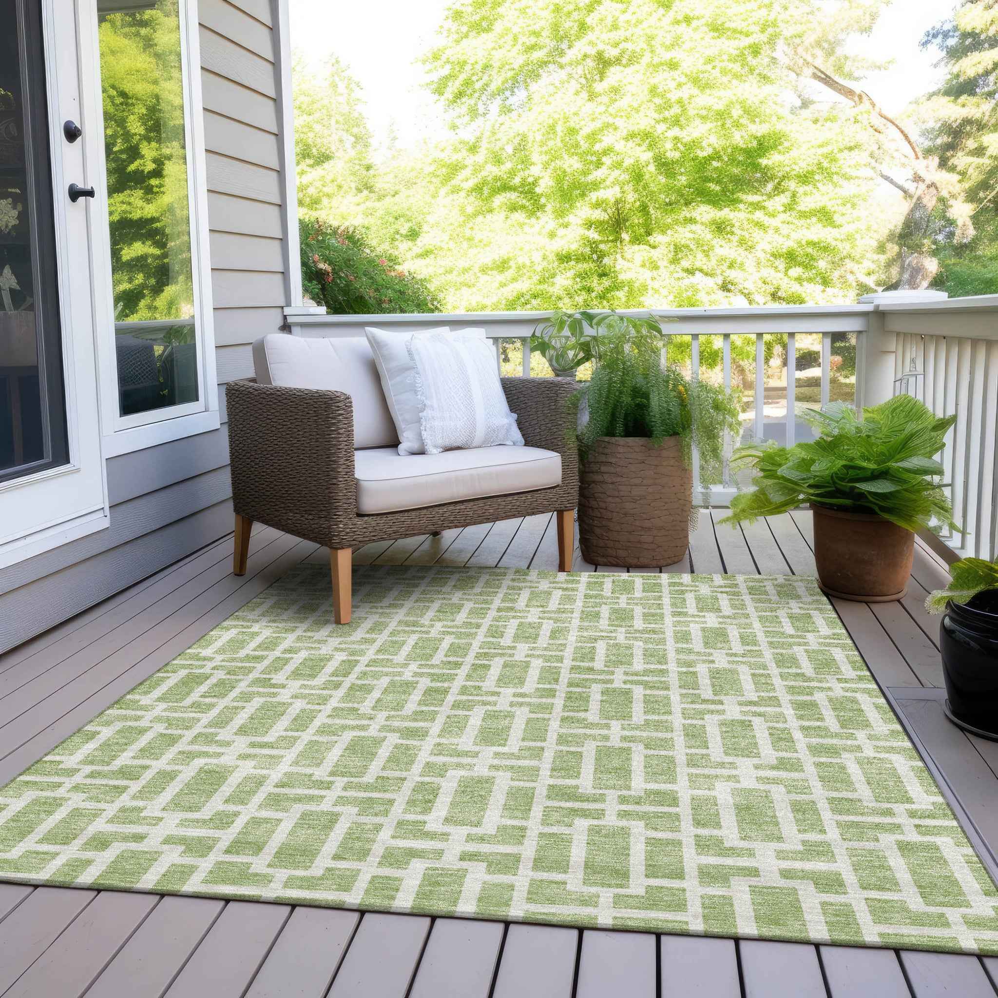 5' X 8' Artichoke Green And Ivory Geometric Washable Indoor Outdoor Area Rug