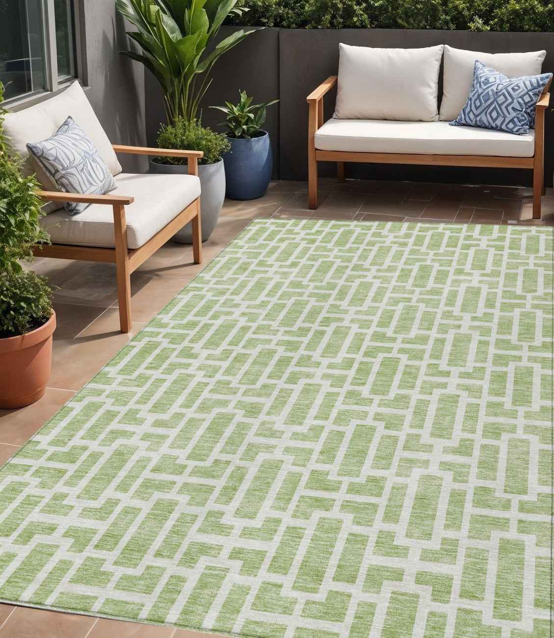 5' X 8' Artichoke Green And Ivory Geometric Washable Indoor Outdoor Area Rug