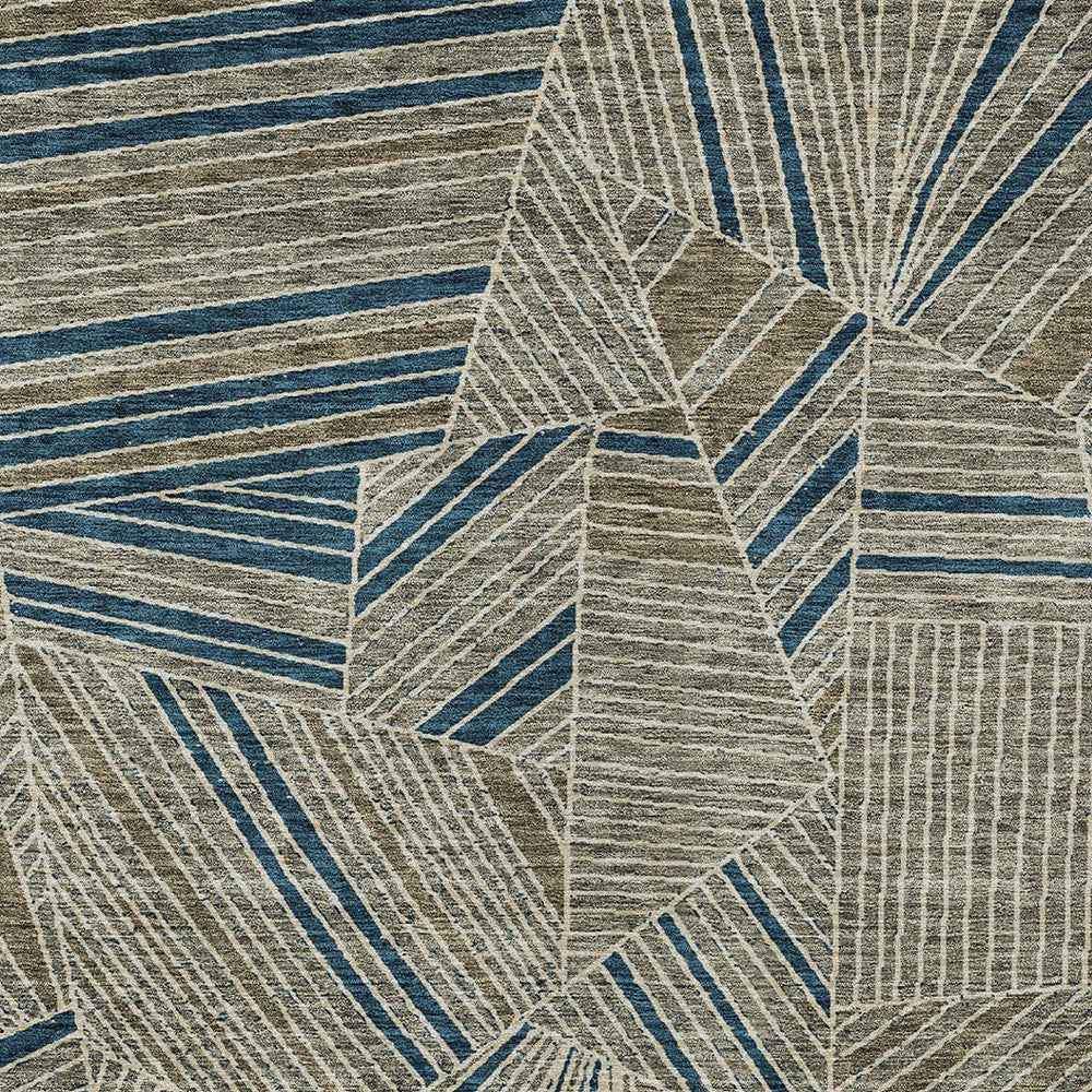3' X 5' Taupe Blue And Beige Geometric Washable Indoor Outdoor Area Rug