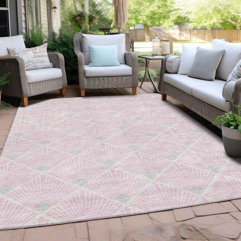 8' X 10' Pink Gray And Ivory Geometric Washable Indoor Outdoor Area Rug